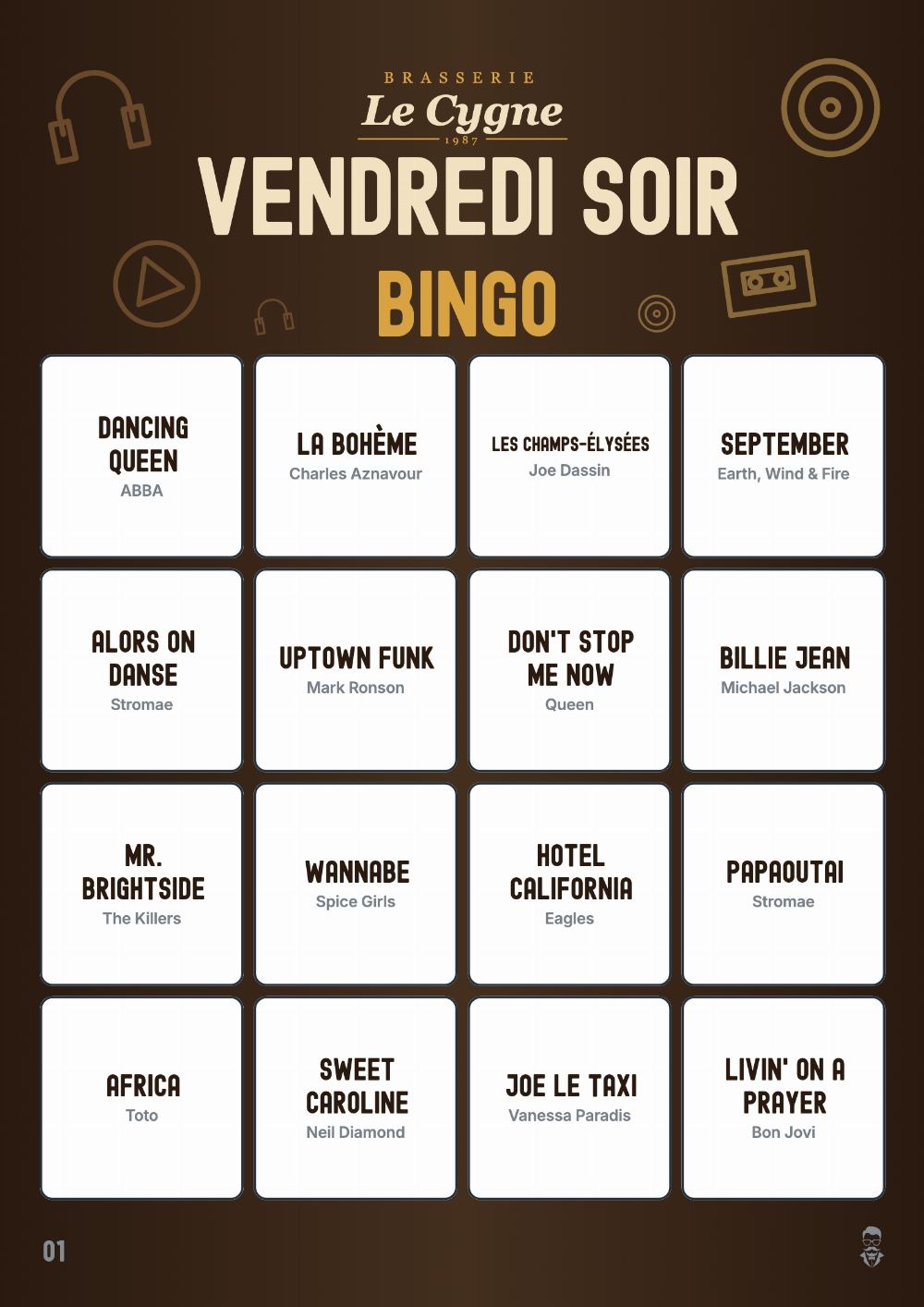 Exemple : carte de bingo Vendredi Soir Bingo aux couleurs de la Brasserie Le Cygne, avec 16 titres comme Dancing Queen et Alors on danse