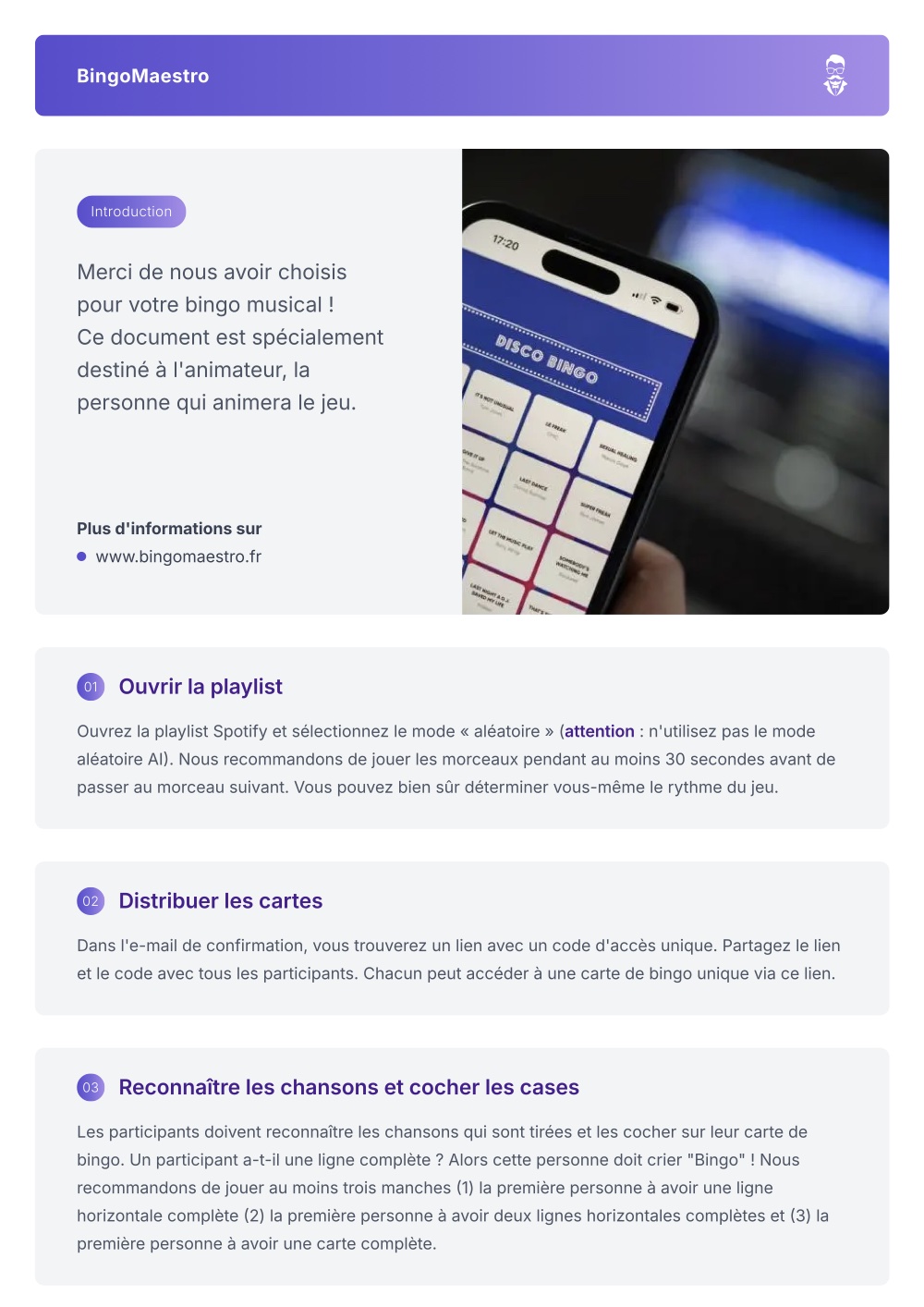 Page des instructions pour le bingo musical numérique