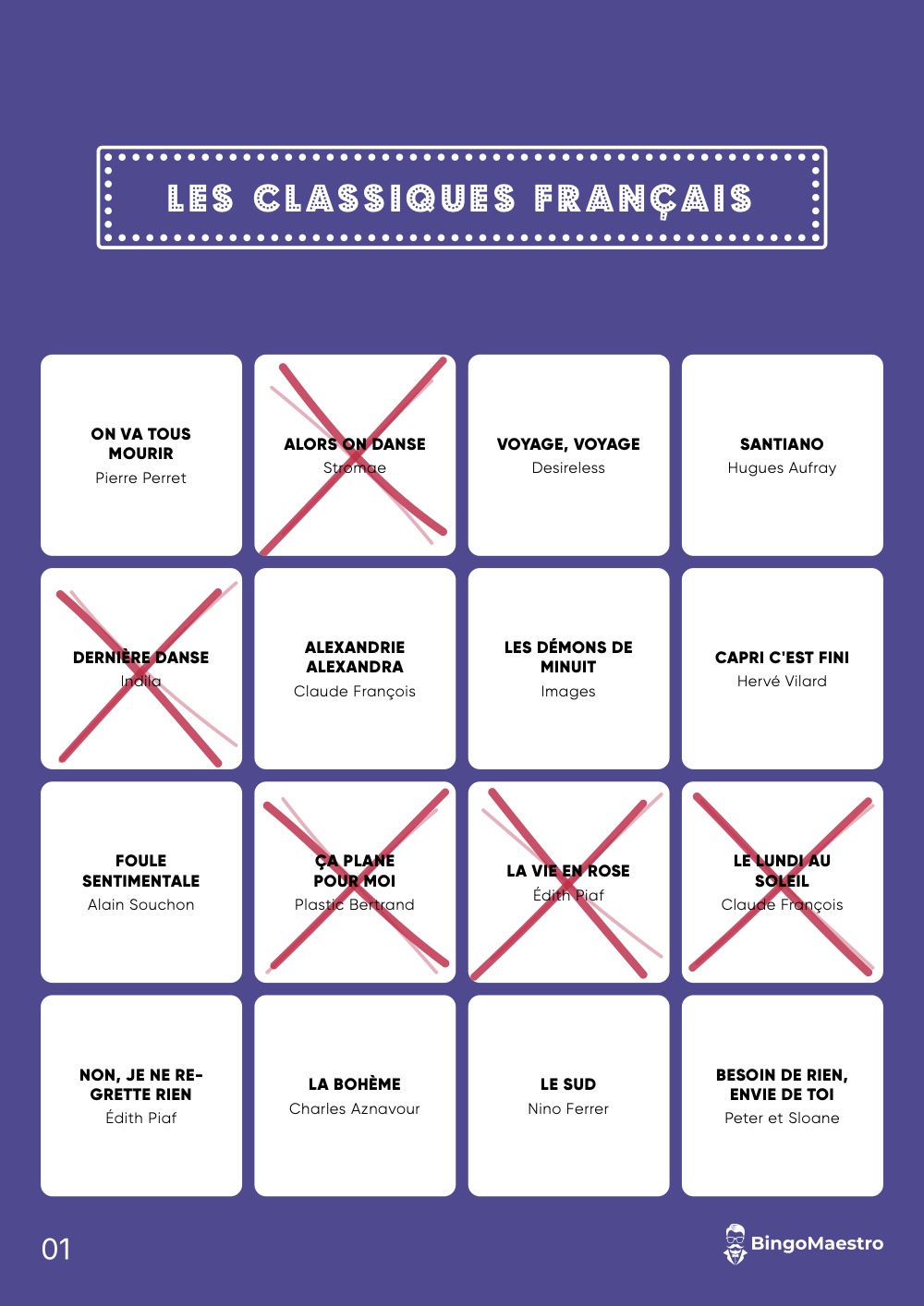 Une carte de bingo musical en cours de partie, avec cinq croix