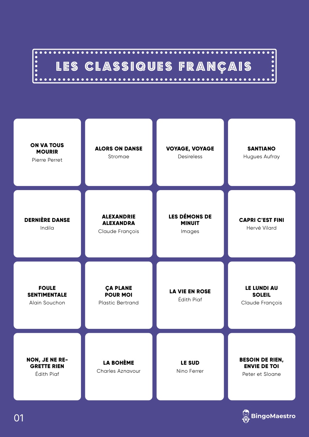 Une carte de bingo musical avec ses titres