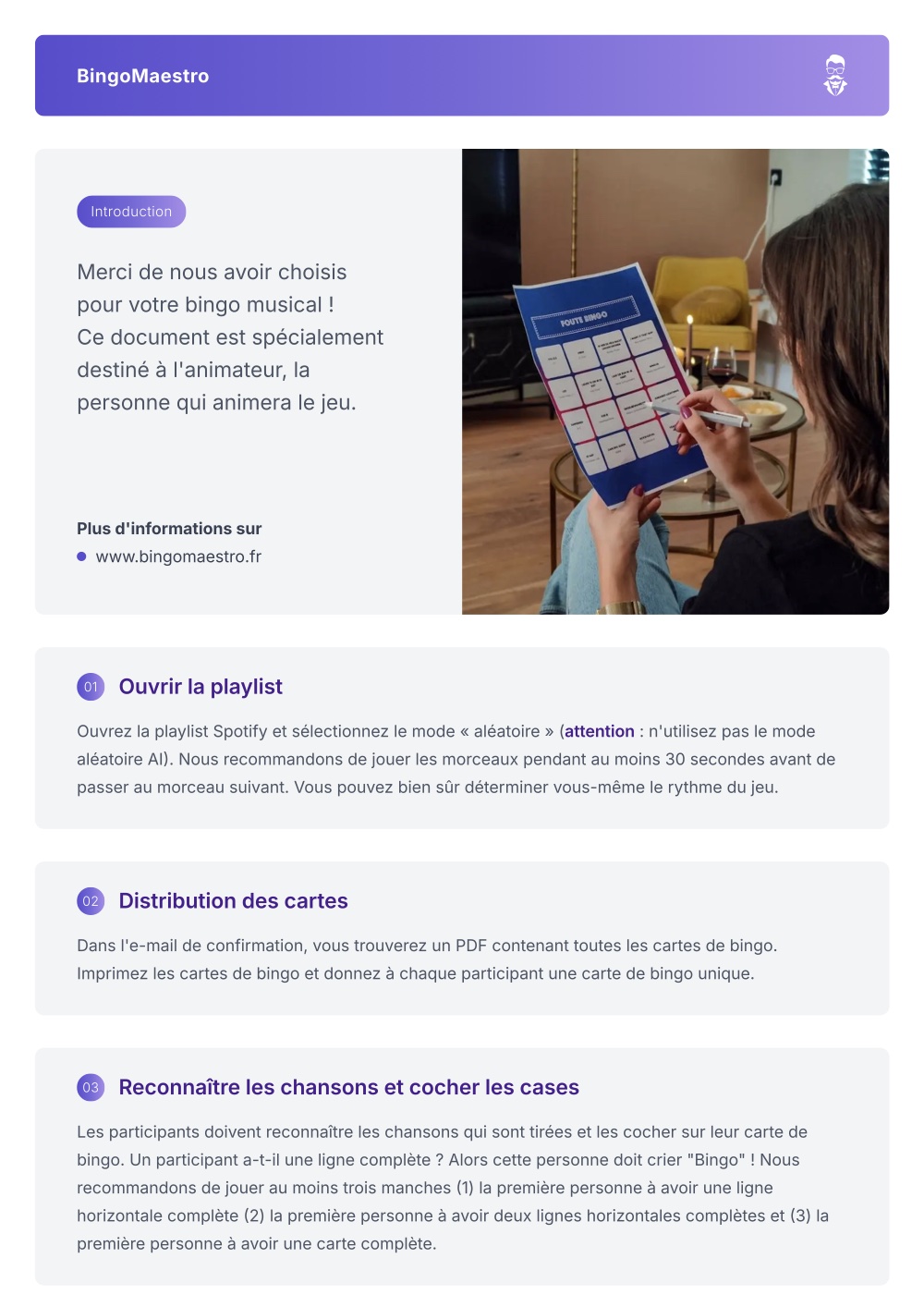 Les instructions pour l'animateur du bingo