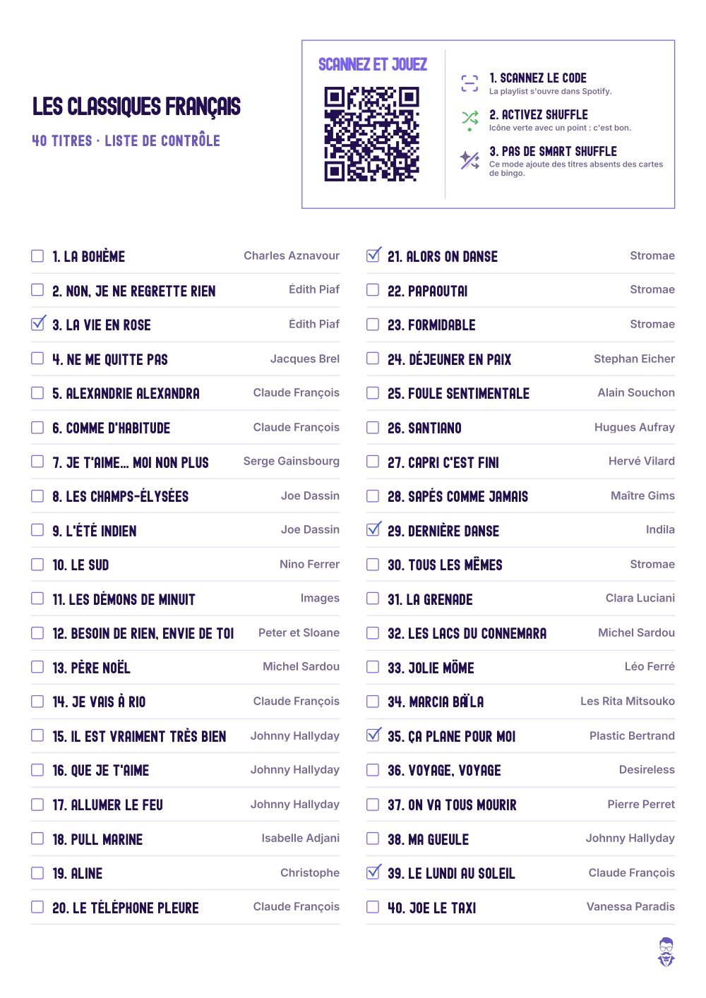 La liste de contrôle du bingo musical, cinq titres cochés