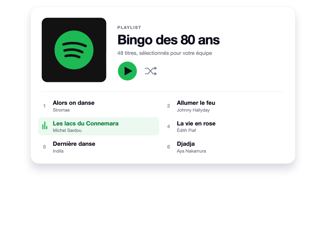 Exemple de playlist pour un bingo musical personnalisé : Bingo des 80 ans avec 48 titres