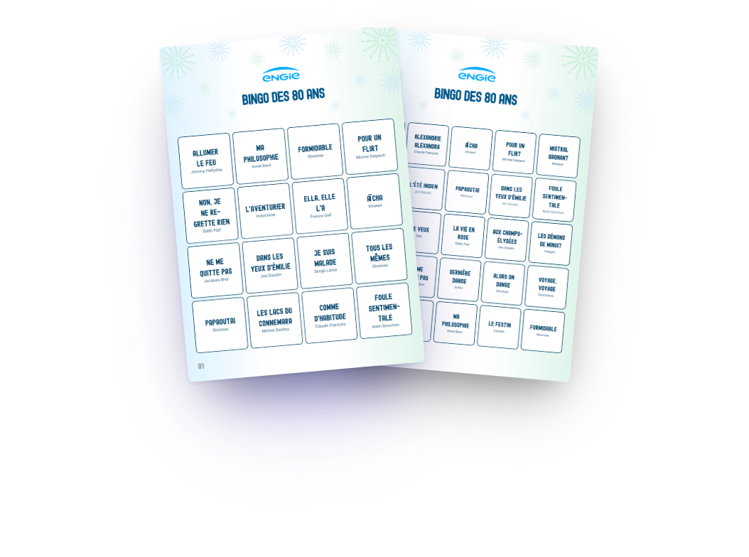 Exemple de design : la même carte de bingo musical en 4x4 et en 5x5 cases aux couleurs d’Engie
