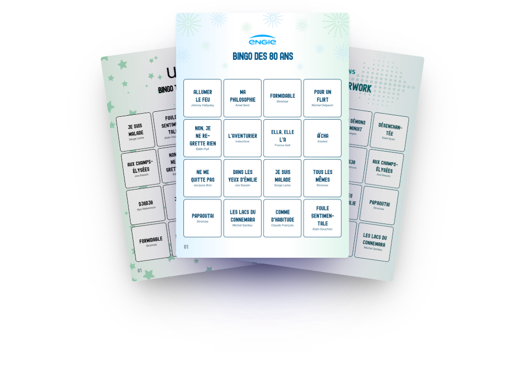 Exemple de design : cartes de bingo musical aux couleurs d’Uber, Siemens et Engie
