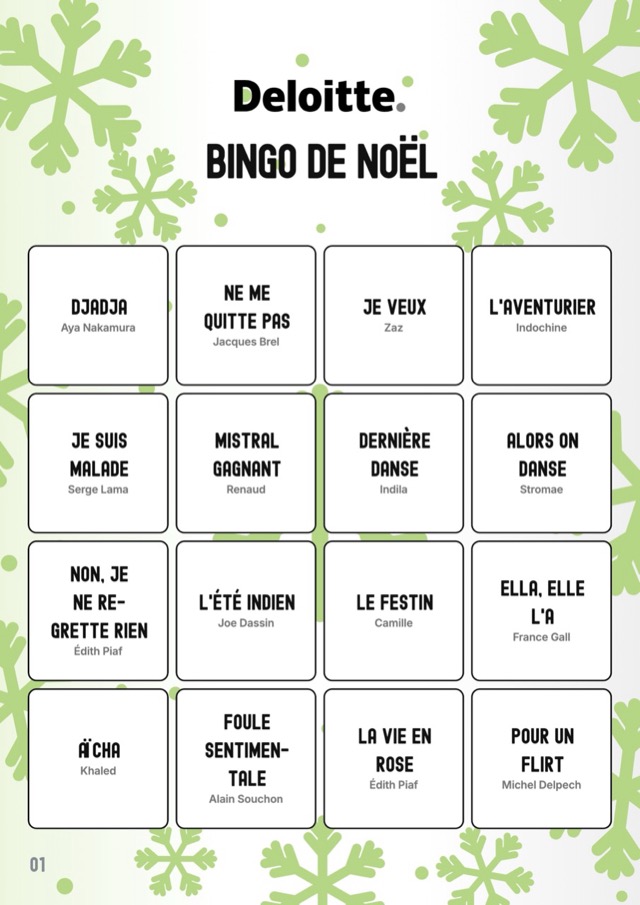 Exemple de design : carte de bingo musical aux couleurs de Deloitte