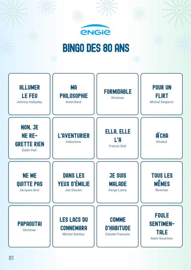Exemple de design : carte de bingo musical avec son propre titre Bingo des 80 ans aux couleurs d’Engie