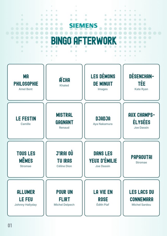 Exemple de design : carte de bingo musical aux couleurs de Siemens