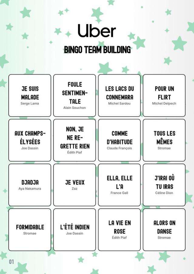 Exemple de design : carte de bingo musical aux couleurs d’Uber