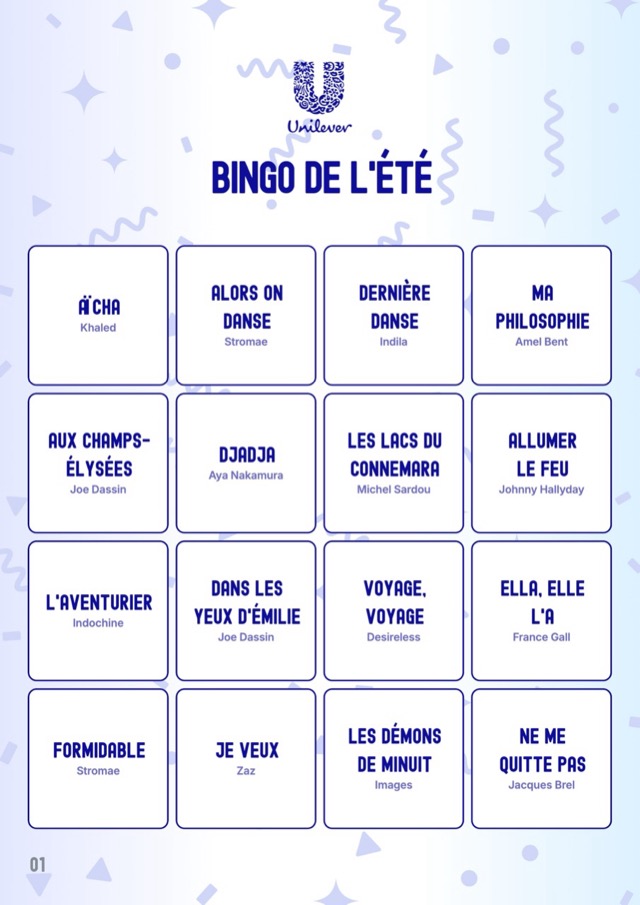 Exemple de design : carte de bingo musical aux couleurs d’Unilever