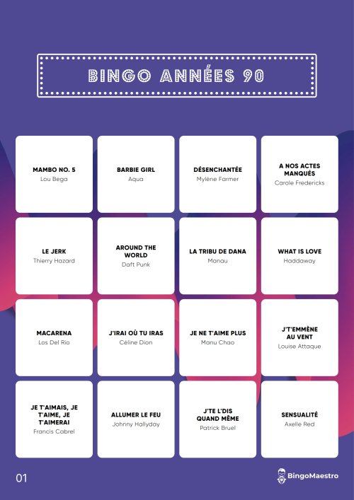 Bingo Années 90